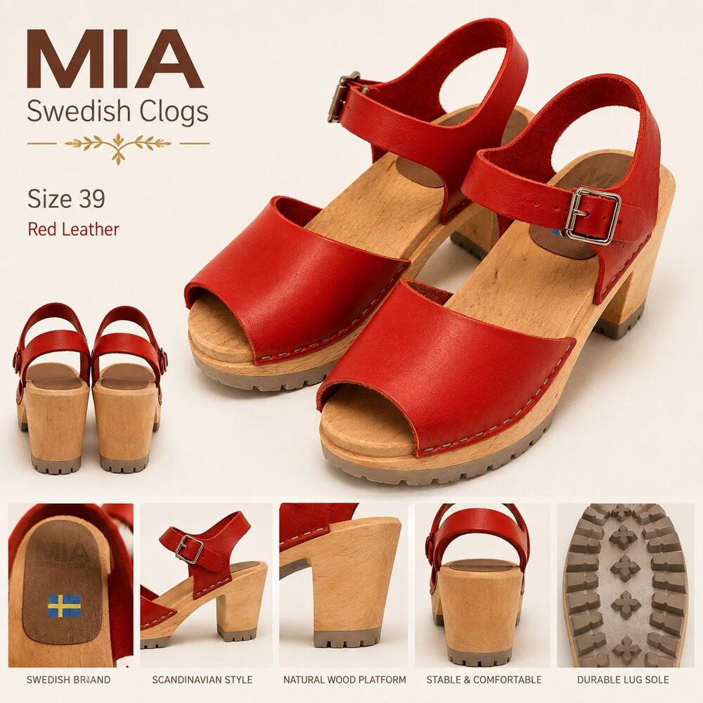 MIA Swedish Clogs Red Leather Wood Platform Sandals EU 39 US 8.5